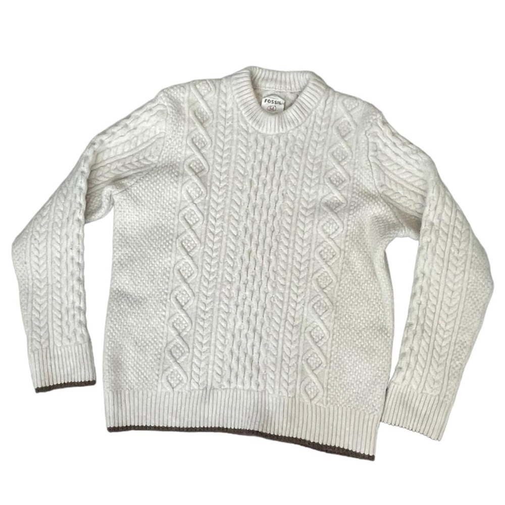 Women's Size L Wool Blend Fossil Sweater Cream Fisherman Cable quiet Lux